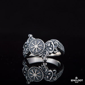 925 silver Helm of Awe Symbol Wolf Band Ring