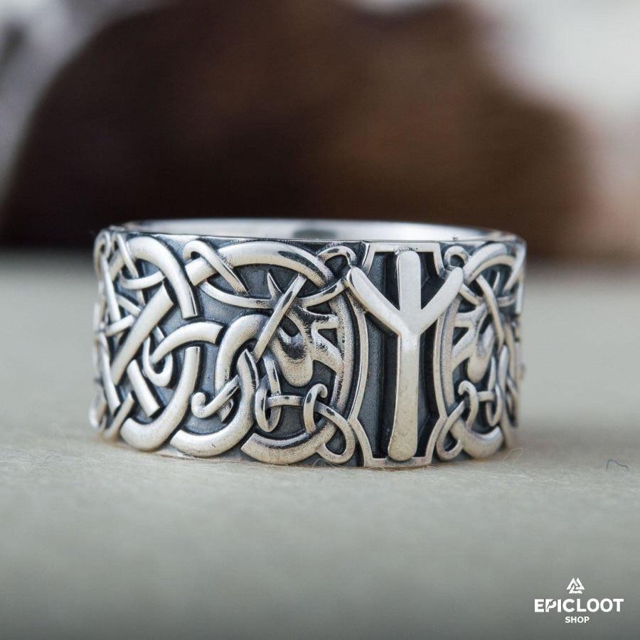 925 silver Norse Ornament Ring with Algiz Rune