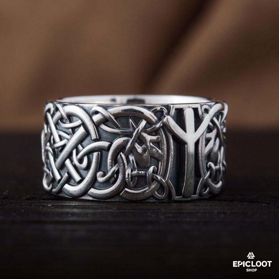 925 silver Norse Ornament Ring with Algiz Rune