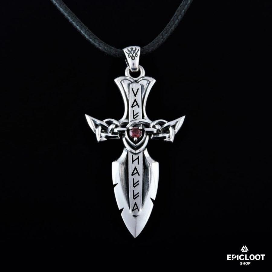 925 Silver Norse Sword with Runes and Red Cubic Zirconia