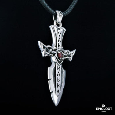925 Silver Norse Sword with Runes and Red Cubic Zirconia