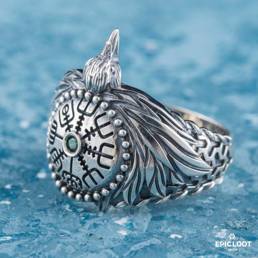 925 silver Odin Raven Ring with Vegvisir Symbol