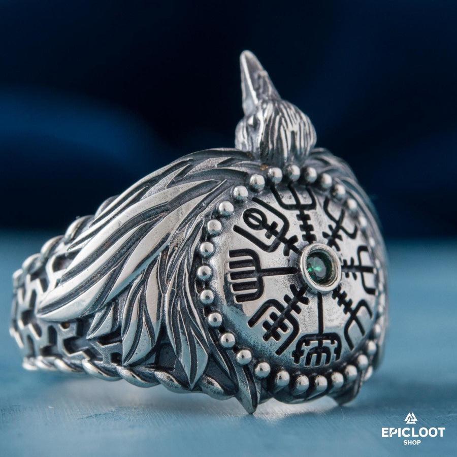 925 silver Odin Raven Ring with Vegvisir Symbol