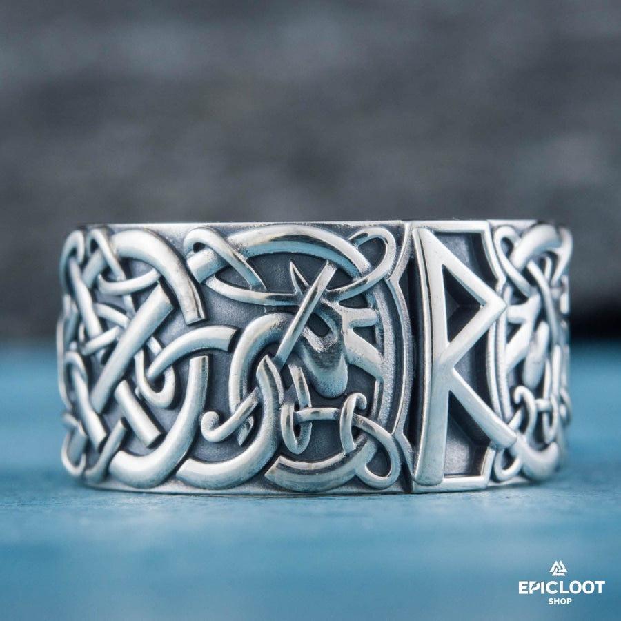 925 silver Ring with Raido Rune and Nordic Carving