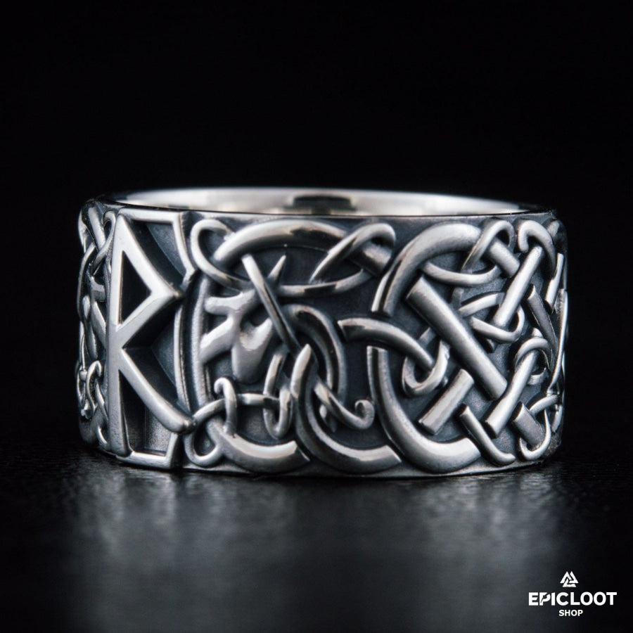 925 silver Ring with Raido Rune and Nordic Carving