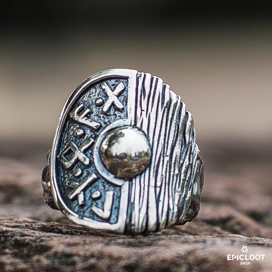925 silver Runic Viking Shield Wooden Texture Ring