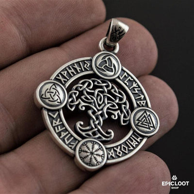 925 Silver Runic Yggdrasil Pendant with Norse Symbols