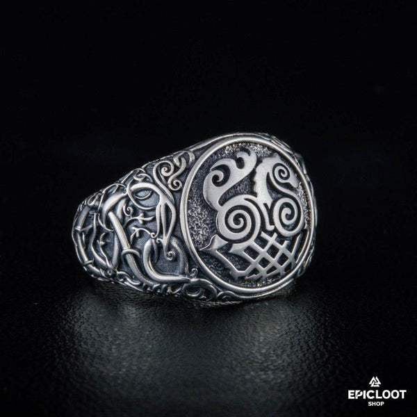 925 silver Sleipnir Symbol Ring Urnes Style - Handcrafted Viking Rings For Men - Side Profile | Epic Loot Shop