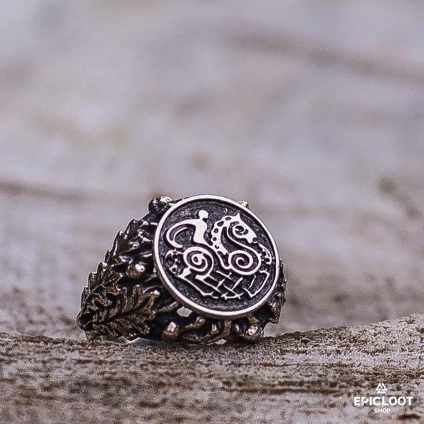 925 silver Sleipnir with Oak Leaves and Acorns - Handcrafted Viking Ring - Alternative Angle | Epic Loot Shop
