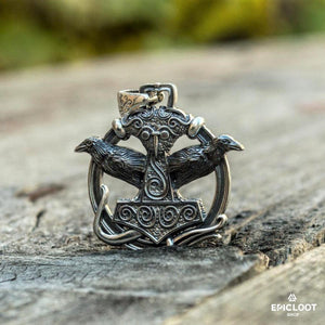 925 Silver Thors Hammer with Ravens Pendant
