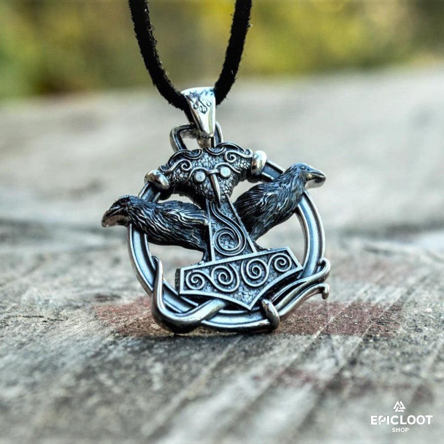 925 Silver Thors Hammer with Ravens Pendant