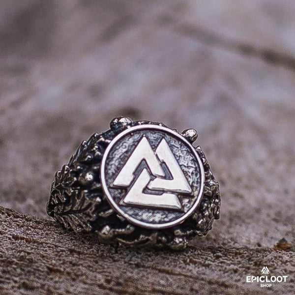 Anello Valknut in Argento 925 con Foglie di Quercia e Ghiande
