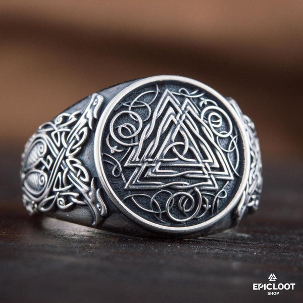 925 silver Valknut Symbol Ring Nordic Carving - Handcrafted Viking Ring - Detailed View | Epic Loot Shop