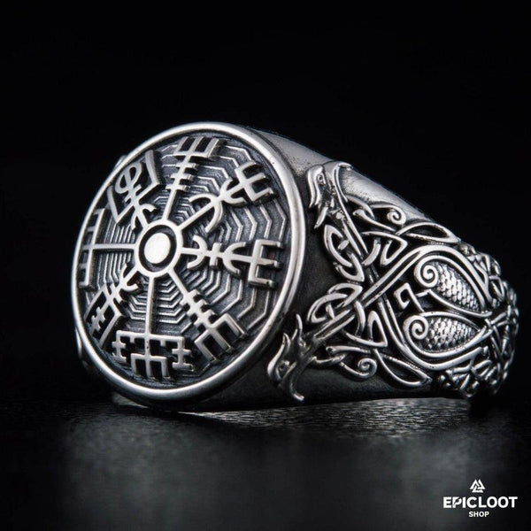 Vegvisir Symbol Ring Nordic Carving - Sterling Silver