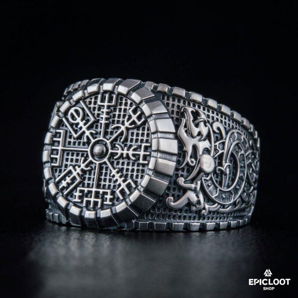 Vegvisir Symbol Ring with Viking Style - Sterling Silver