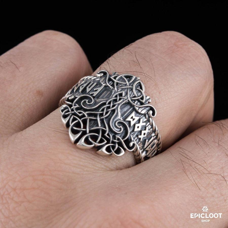 925 silver Yggdrasil Ring with Norse Runes