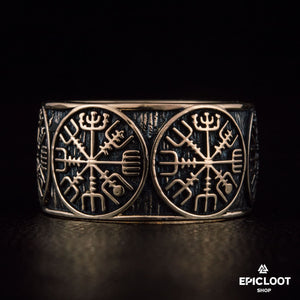 Bronzový vikingský prsten s kompasem Vegvisir