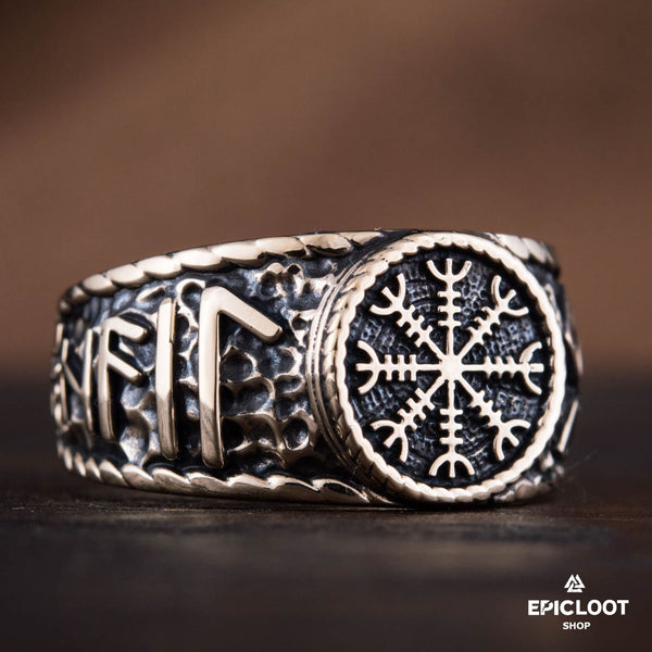 Helm Of Awe Symbol With Runes Bronze Viking Ring - Viking Rings For Men - Alternative Angle | Epic Loot Shop