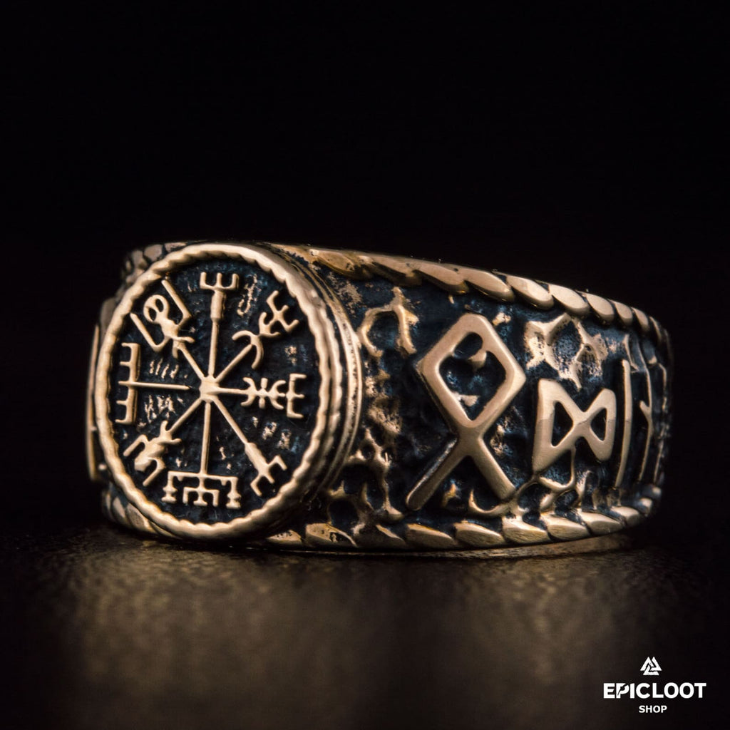 Vegvisir Symbol With Runes Bronze Norse Ring