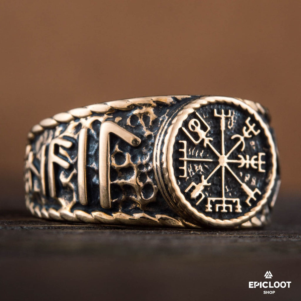 Vegvisir Symbol With Runes Bronze Norse Ring