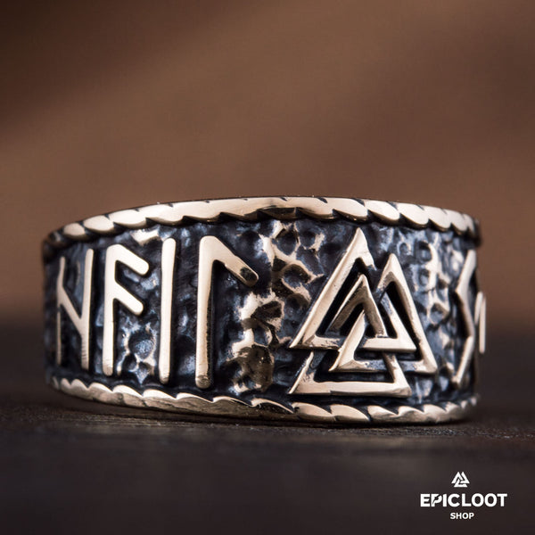 Valknut Symbol With Runes Bronze Viking Ring - Viking Ring - Alternative Angle | Epic Loot Shop