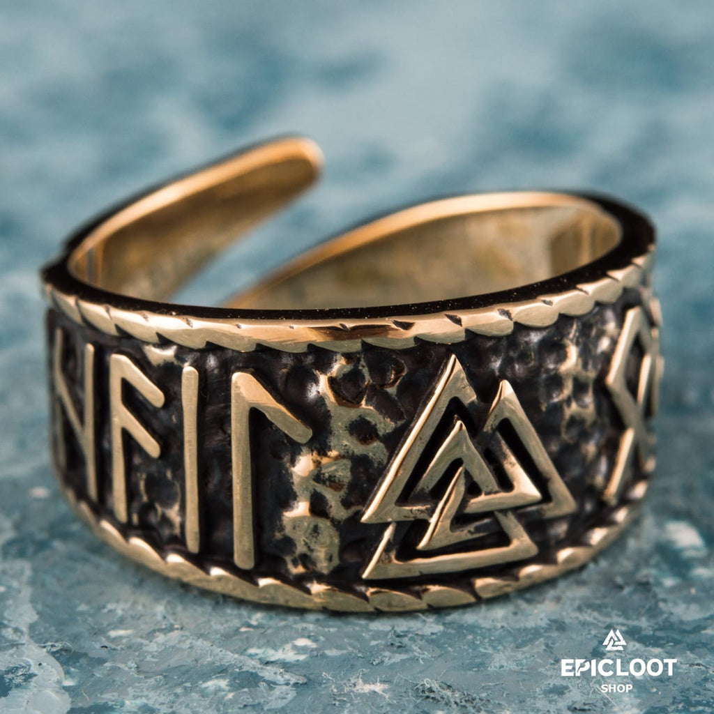 Valknut Symbol With Runes Bronze Viking Ring