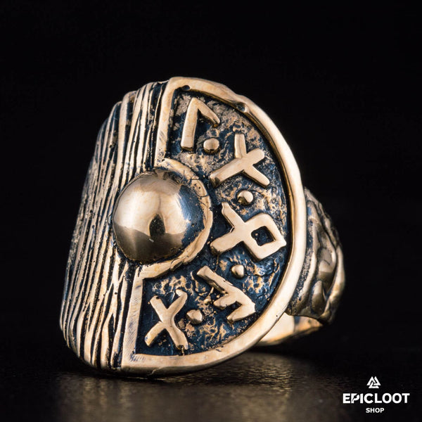 Anello In Bronzo Vichingo Con Scudo Runico