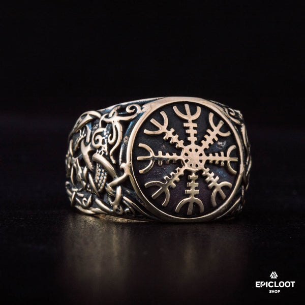 Helm Of Awe Decorated Bronze Ring - Viking Rings For Men - Side Profile | Epic Loot Shop