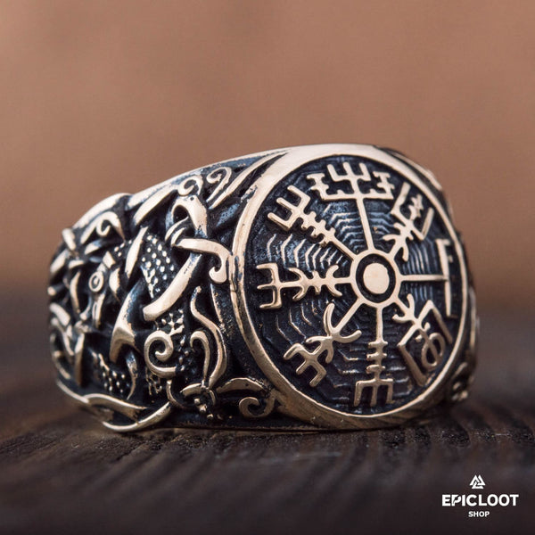 Anello in Bronzo Stile Norreno con Simbolo Vegvisir