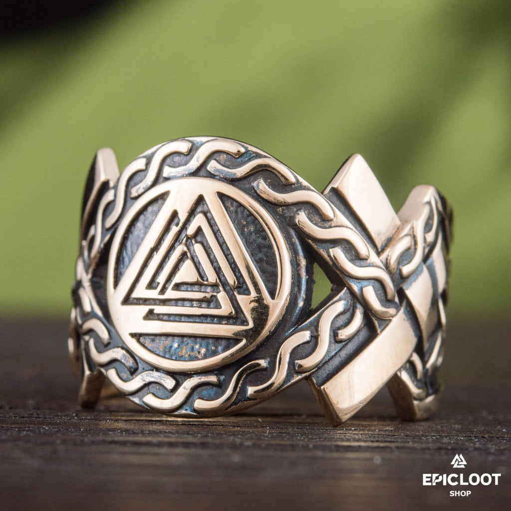 Valknut Symbol Decorated Bronze Ring