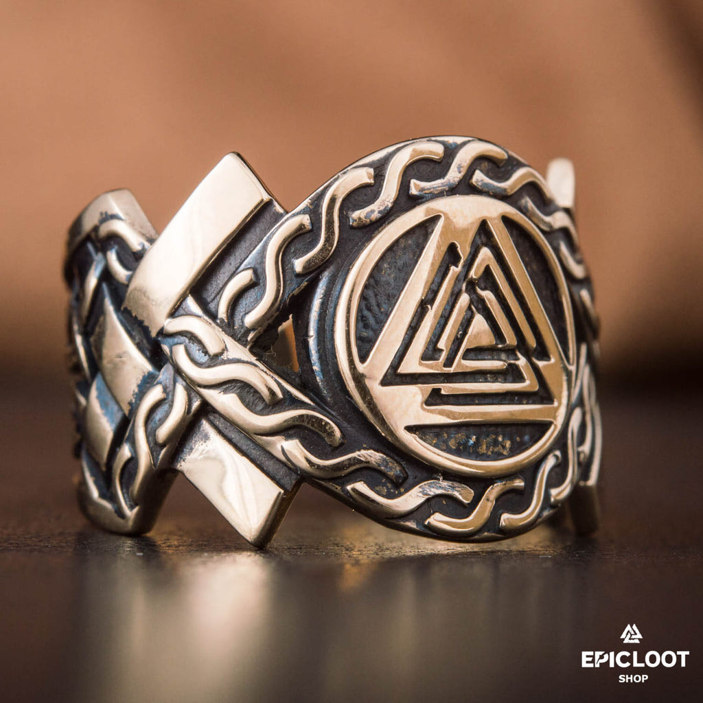 Valknut Symbol Decorated Bronze Ring