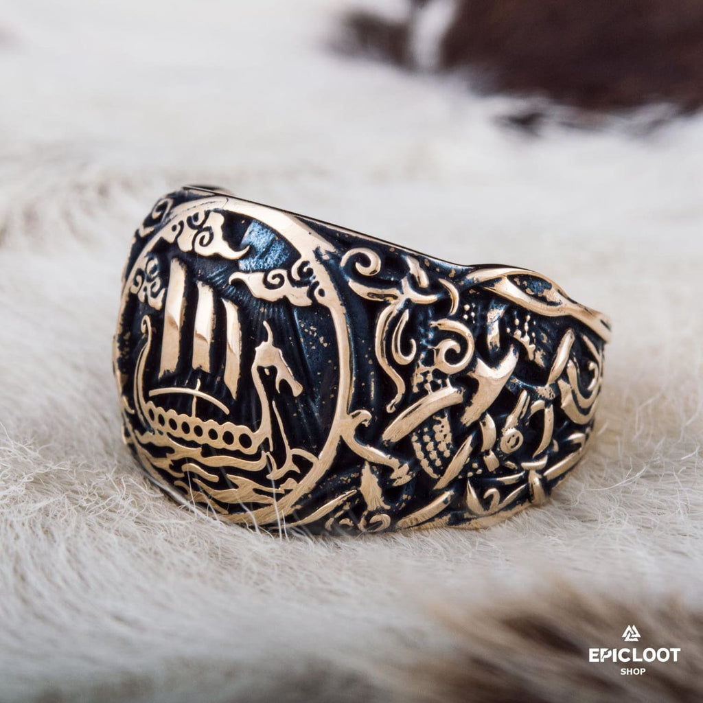 Drakkar Symbol Decorated Bronze Viking Ring