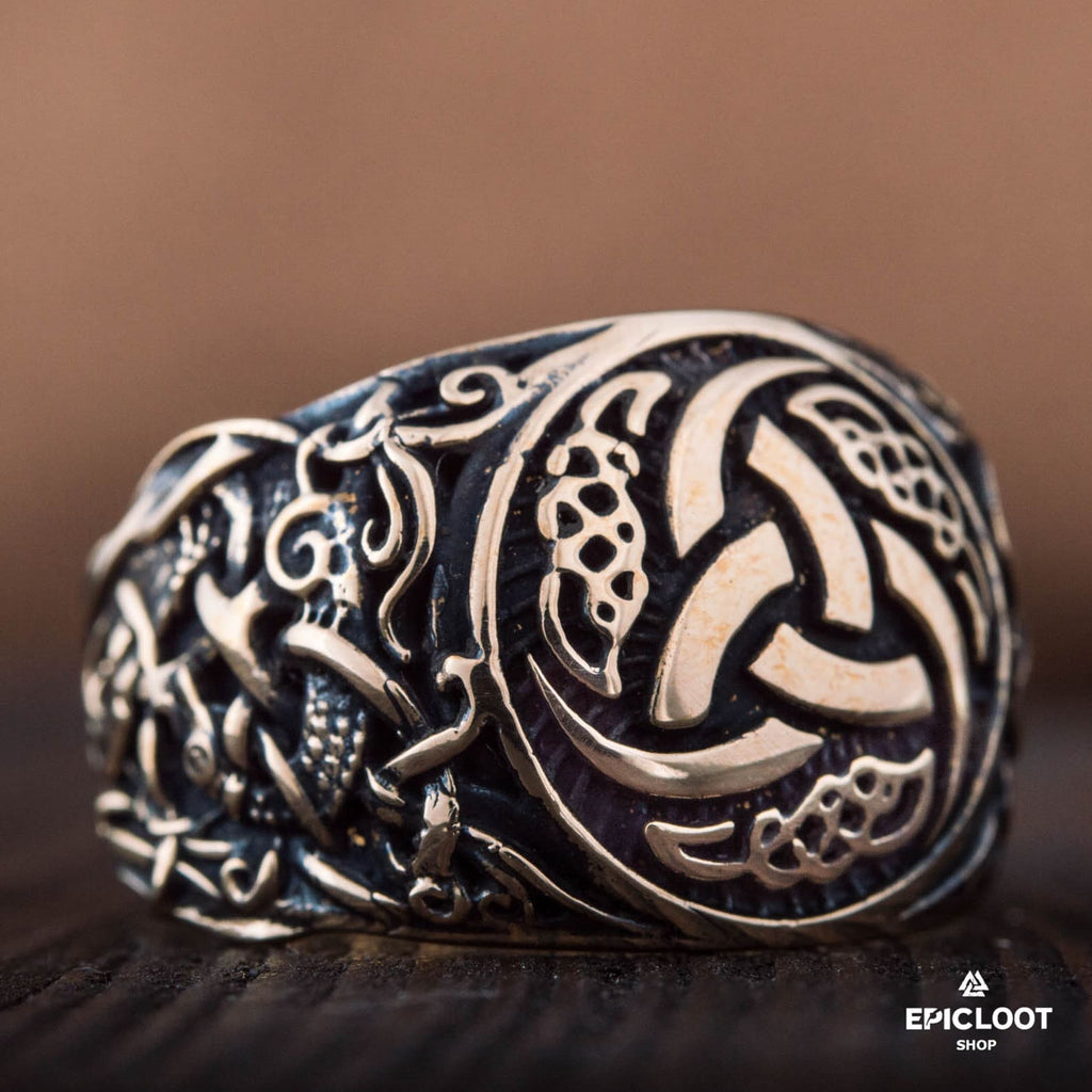 Triple horn Symbol Decorated Bronze Viking Ring