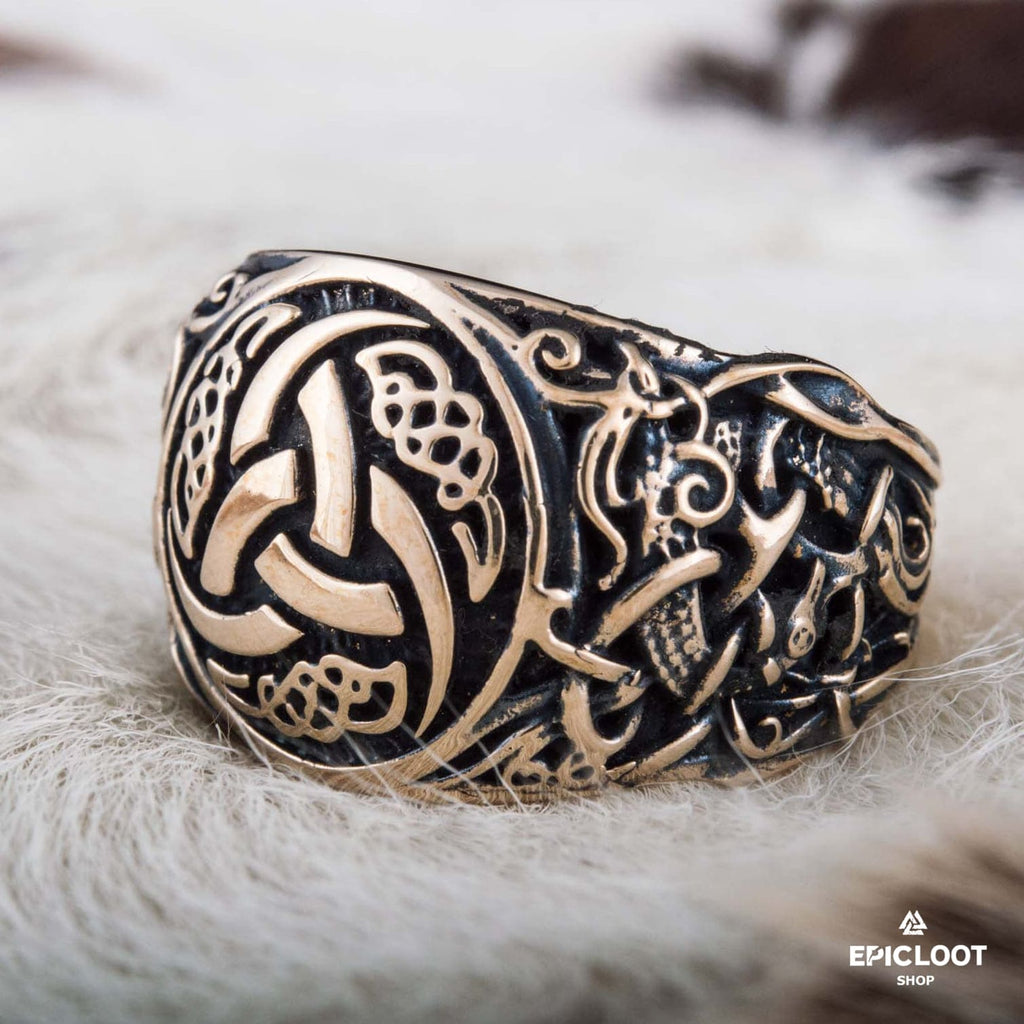 Triple horn Symbol Decorated Bronze Viking Ring
