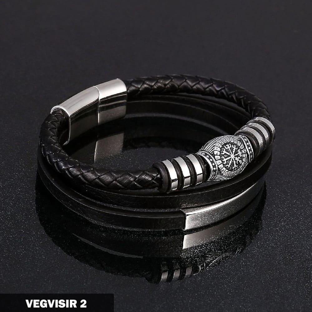 Norse Symbols Viknig Leather Bracelet
