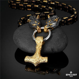 Collana King In Oro Nero - Ciondolo Mjolnir Dorato Con Lupi Che Lo Tengono