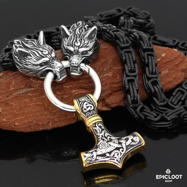 Black King Chain With Wolf Heads & Mjolnir Pendant - Thor'S Hammer Necklace | Epic Loot Shop