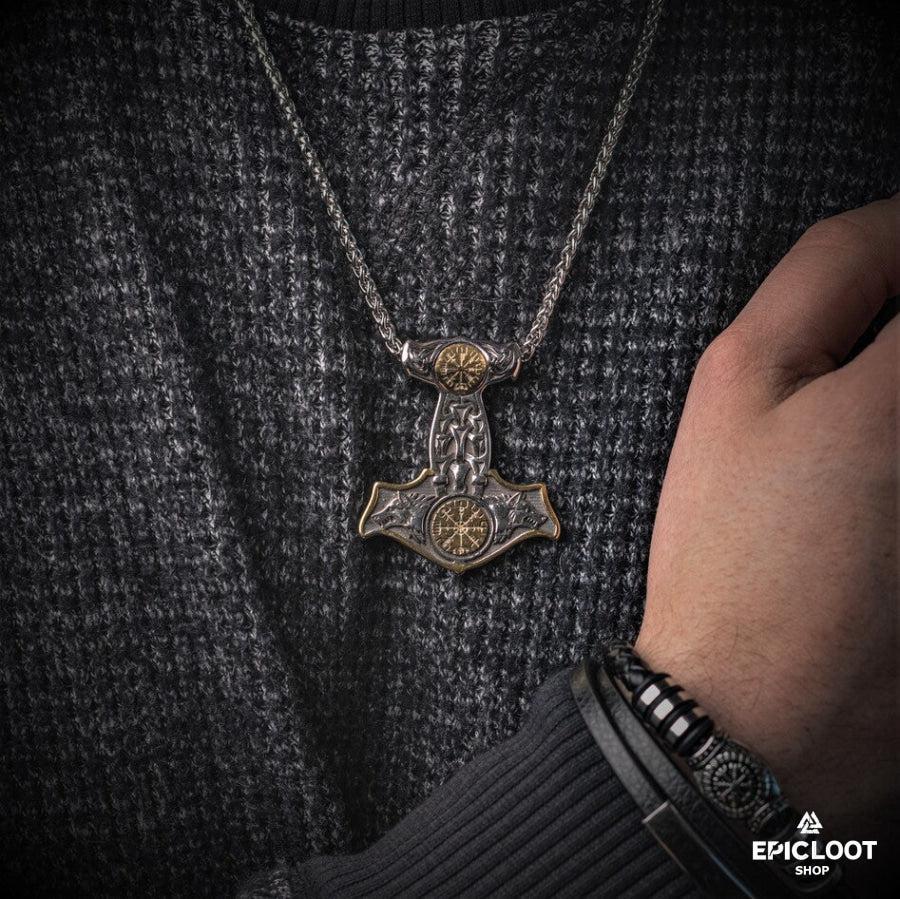 Double-sided Compass Mjolnir necklace