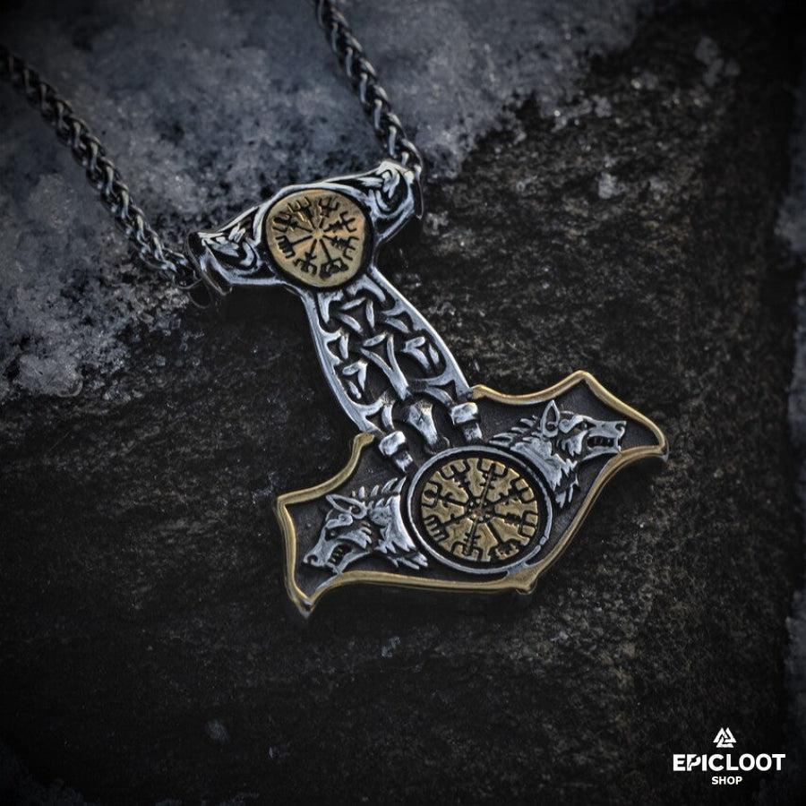 Double-sided Compass Mjolnir necklace