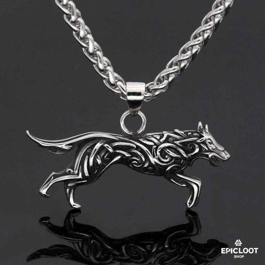 Fenrir Wolf with Nordic Carving Necklace