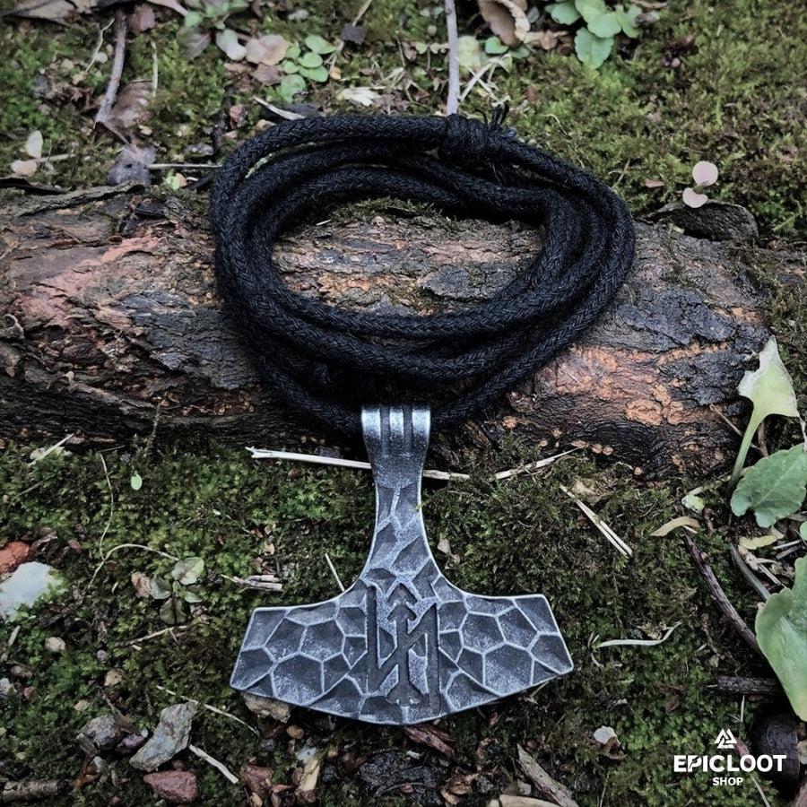 Forged Runic Mjolnir Pendant Carved Antique Design