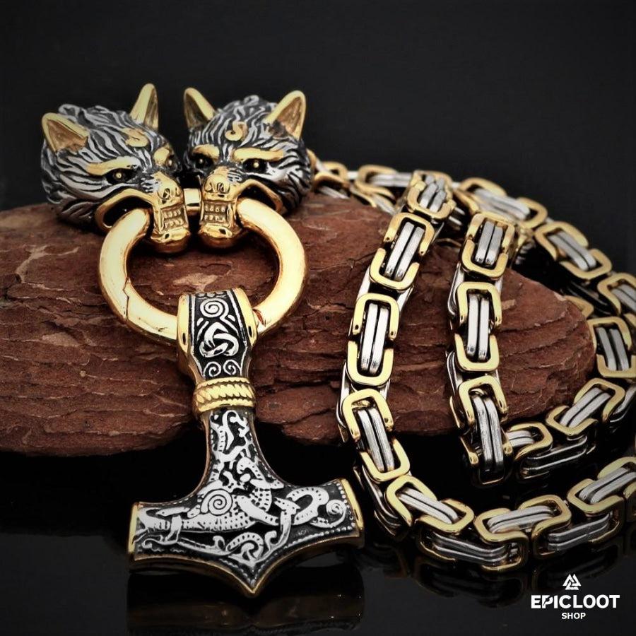 Gold King Chain With Wolf Heads & Mjolnir Pendant