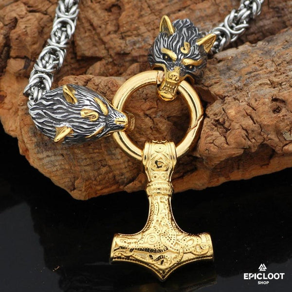 King Chain With Wolf Heads & Gold Mjolnir Pendant