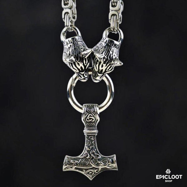 Catena King Con Teste Di Lupo E Ciondolo Mjolnir