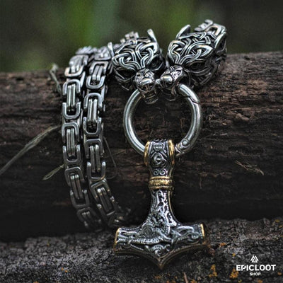 Viking Mjolnir Pendant, Thor Hammer Necklace with Valknut and Tiwaz