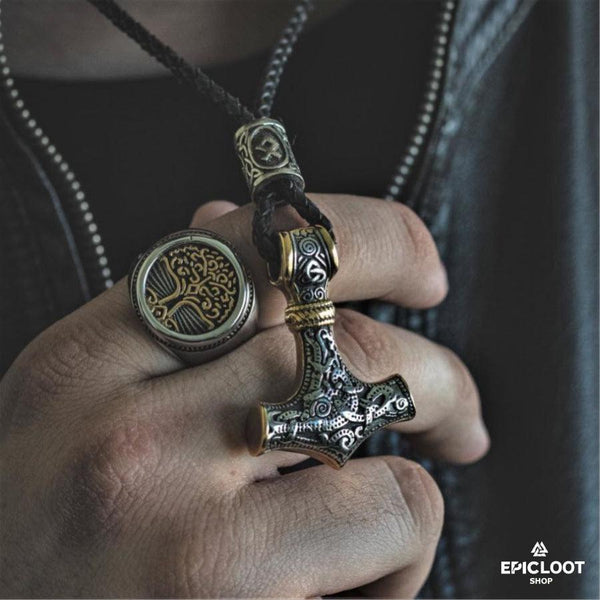 Mjolnir Pendant With a Rune Bead - Thor'S Hammer Necklace - Alternative Angle | Epic Loot Shop