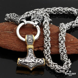 Catena Rune King con Ciondolo Mjolnir Dorato