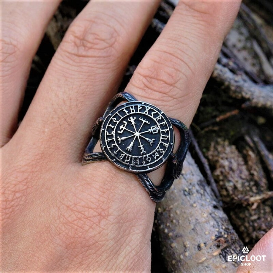 Runic Vegvisir Compass Ravens Ring
