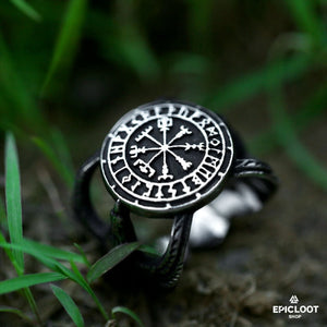 Anello con Vegvisir Runico, Bussola e Corvi