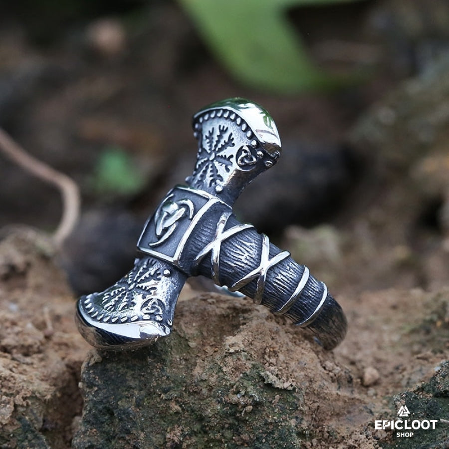 Viking Axe Ring With Nordic Symbols